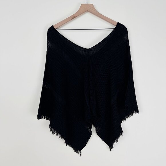 Vintage 90s Y2K French Open Knit Poncho Cape Sweater Boho Blouse Fringe Bohemian - Picture 5 of 11